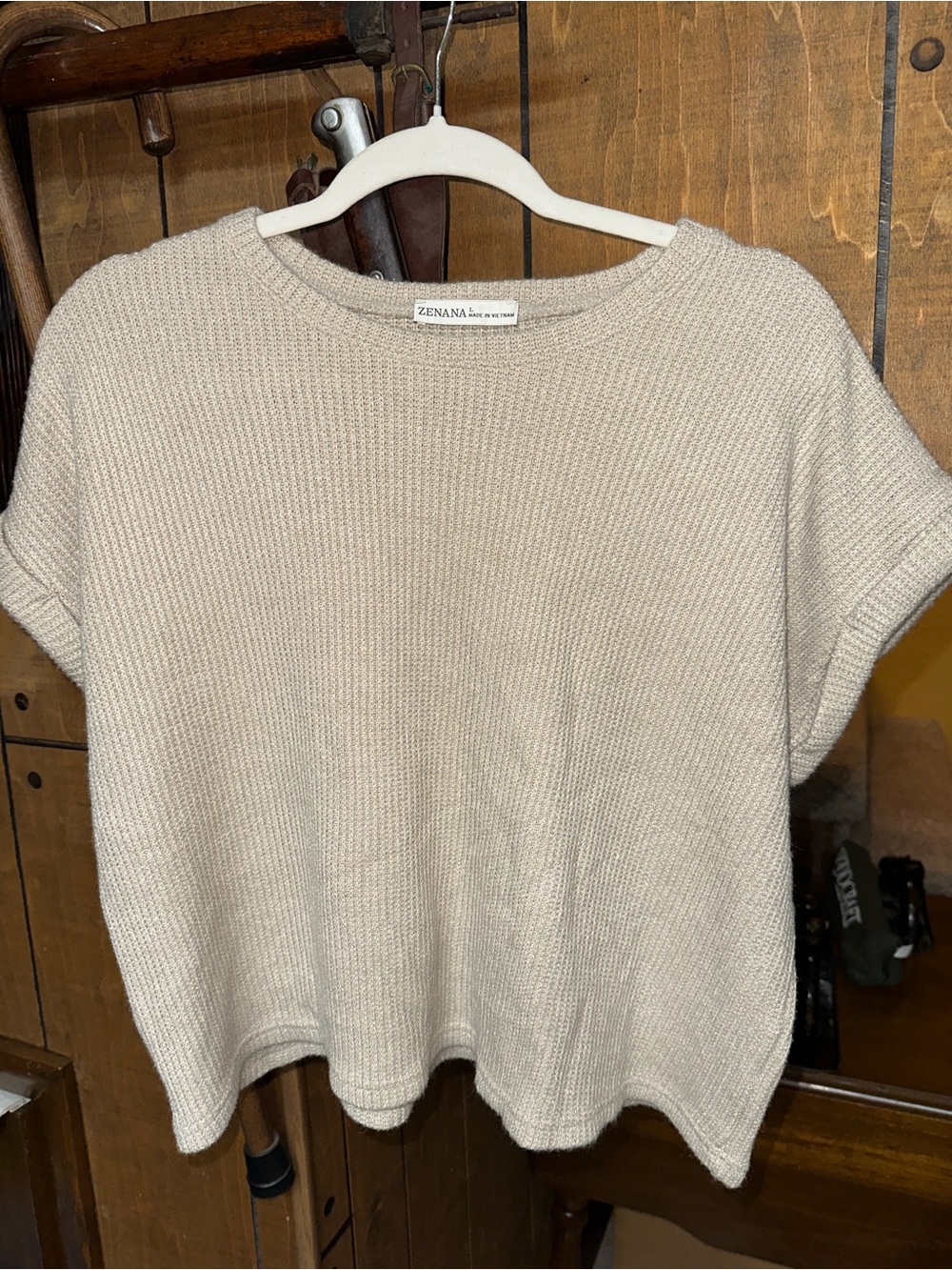 Zenana Outfitters Beige Short Sleeve Waffle Knit Top with matching pants. - Picture 3 of 12